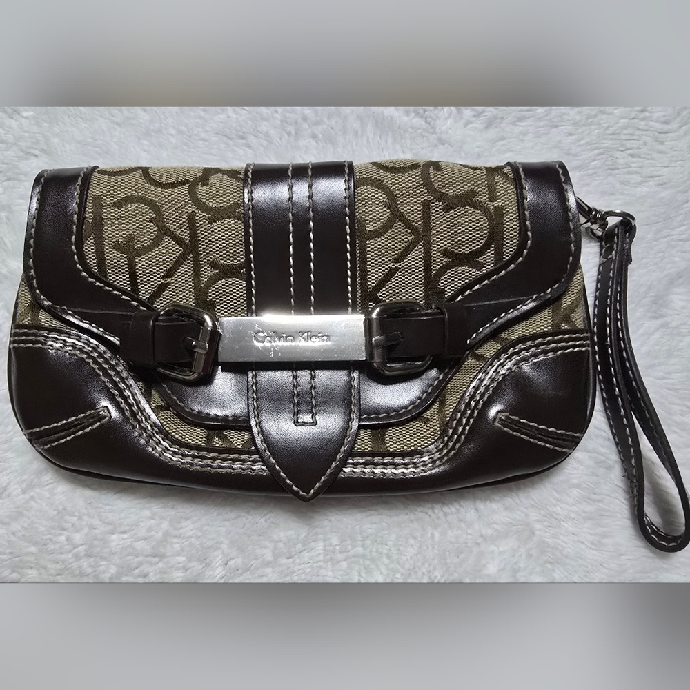 Calvin Klein Handbag Brown Tan CK Wristlet Purse Magnetic Silver Hardware Tote